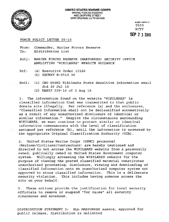 USMC Reserve Security Office WikiLeaks Guidance | Public ...