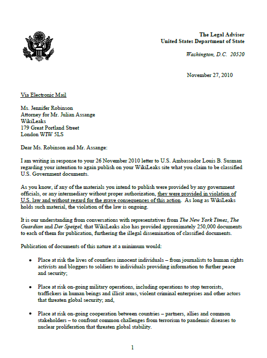 U.S. State Department Letter to WikiLeaks  Public 