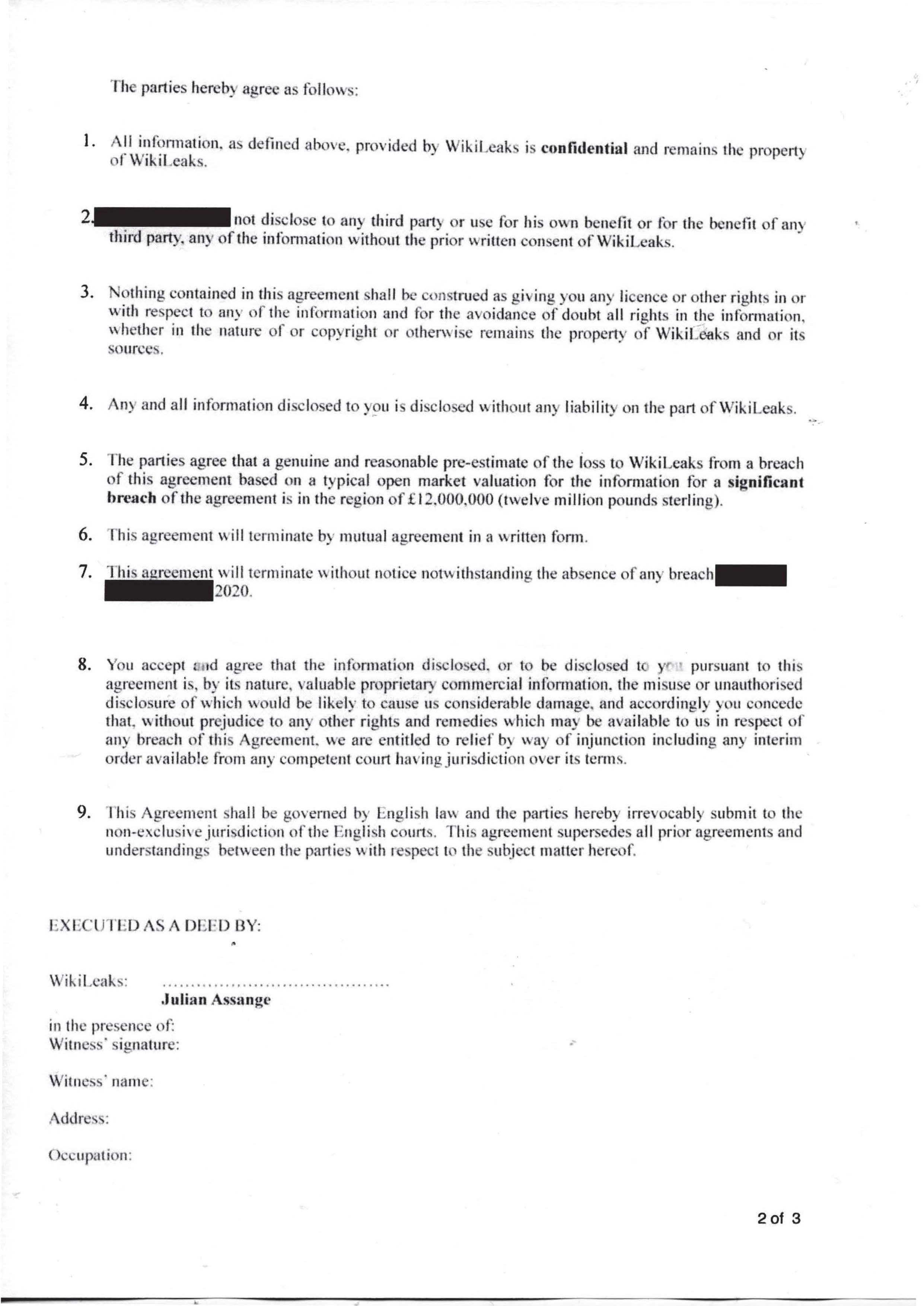 WikiLeaks Confidentiality/Non-Disclosure Agreement 