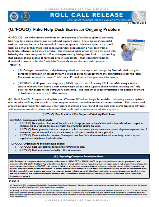 U Fouo Dhs Fbi Nctc Bulletin Fake Help Desk Scams An Ongoing