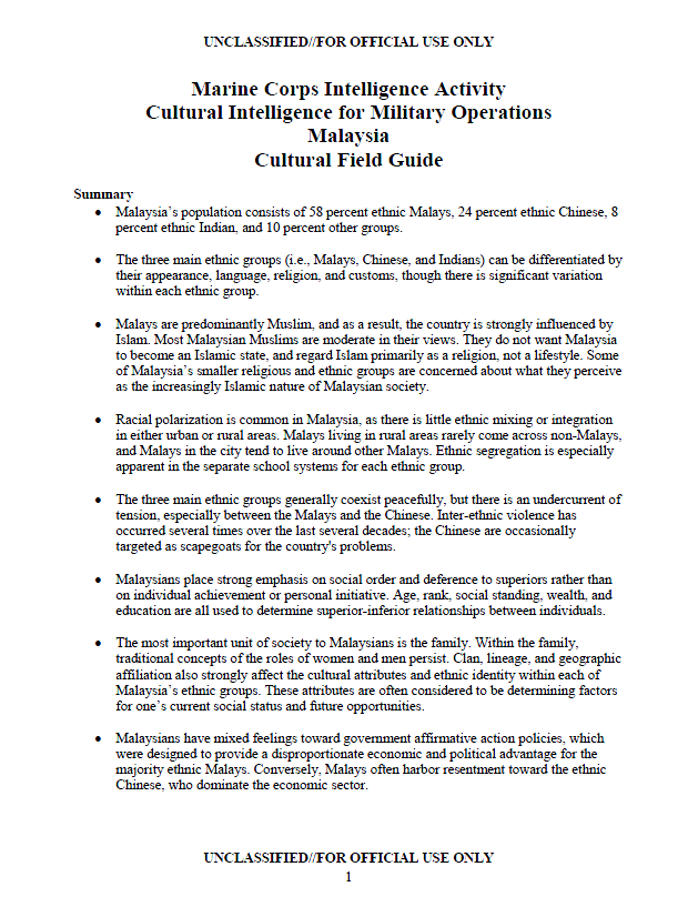 U Fouo Marine Corps Intelligence Activity Malaysia Cultural Field Guide Public Intelligence