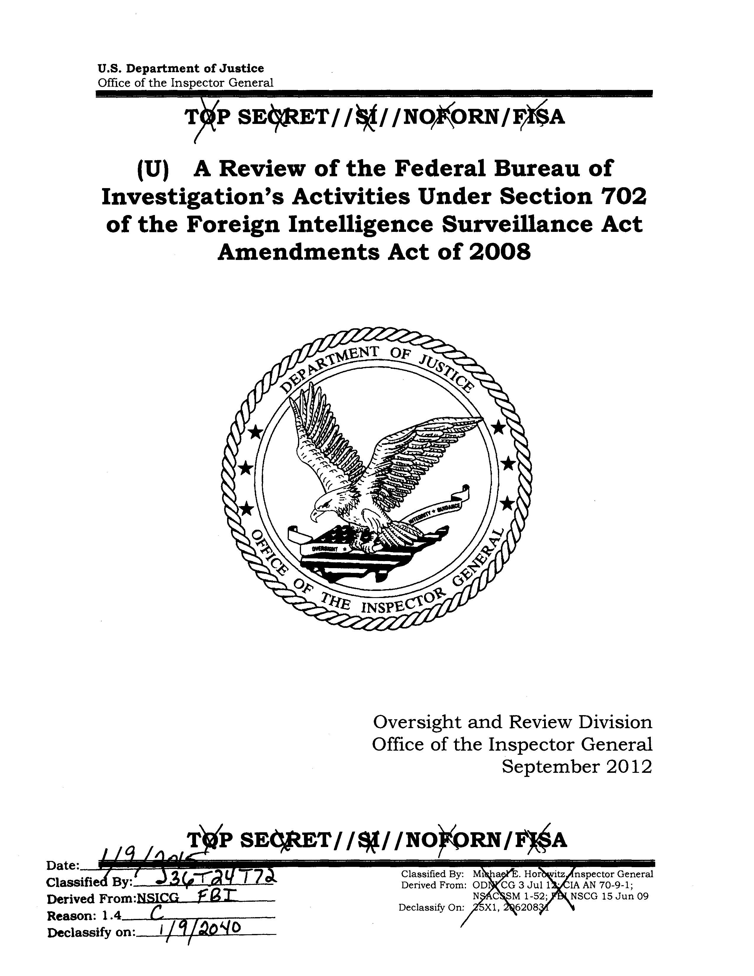 DoJ Inspector General Report on FBI Surveillance Under FISA Section 702