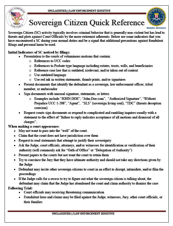 U//LES) FBI Sovereign Citizen Quick Reference Guide for Courts | Public  Intelligence