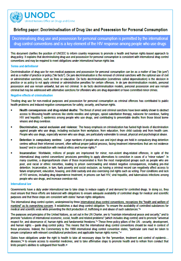 UNODC Briefing Paper Endorsing Decriminalization of Drug Use and Possession for Personal ...