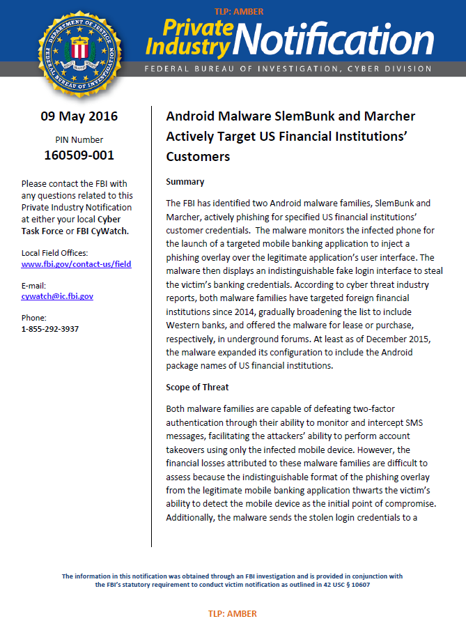 Fbi Cyber Bulletin Android Malware Phishing For Financial Institution Customer Credentials Public Intelligence