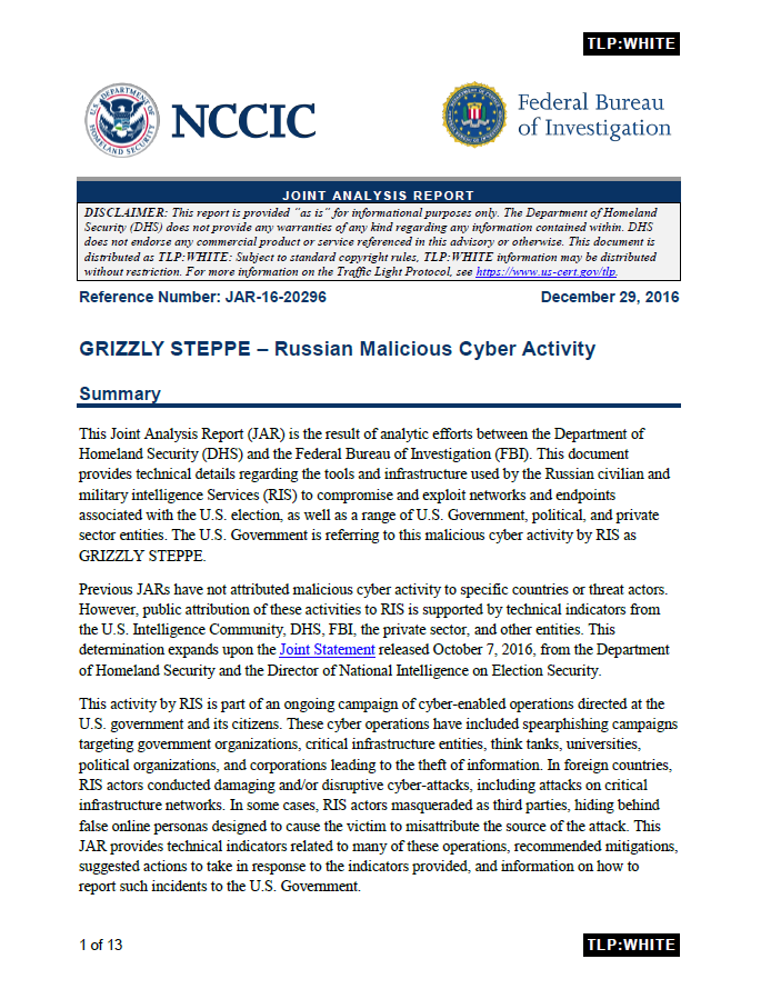 DHS-FBI Joint Analysis Report on GRIZZLY STEPPE Russian Malicious 