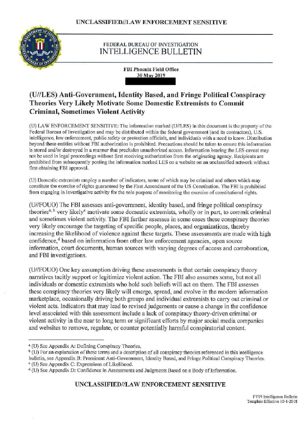 U//LES) FBI Bulletin: Anti-Government, Fringe Political Conspiracy Theories  Likely Motivate Domestic Extremists to Commit Criminal, Violent Activity |  Public Intelligence